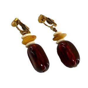 Vintage Gold-Tone Clip-On Earrings With Amber & Cream Beads